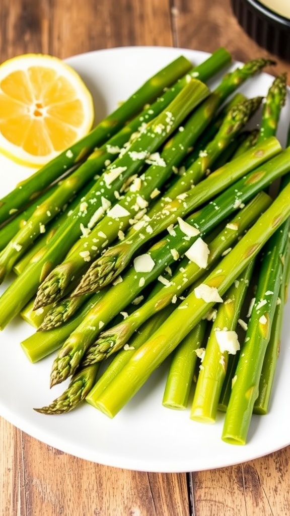 Garlic butter asparagus with melted butter and garlic, garnished with Parmesan and lemon on a wooden table.